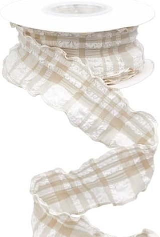 10 Yards 1.5 Inch Beige Plaid Ribbon Checkered Ribbon Tan Gingham Double Chiffon Ruffled Edge Pol... | Amazon (US)