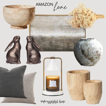 Amazon home decor, neutral wall art, dried baby’s breath, wood bowl, wood planter, terracotta vase, wood vase, candle warmer, neutral pillows, throw pillow, boucle pillow, bronze bunnies, Easter decor, spring decor

#LTKhome