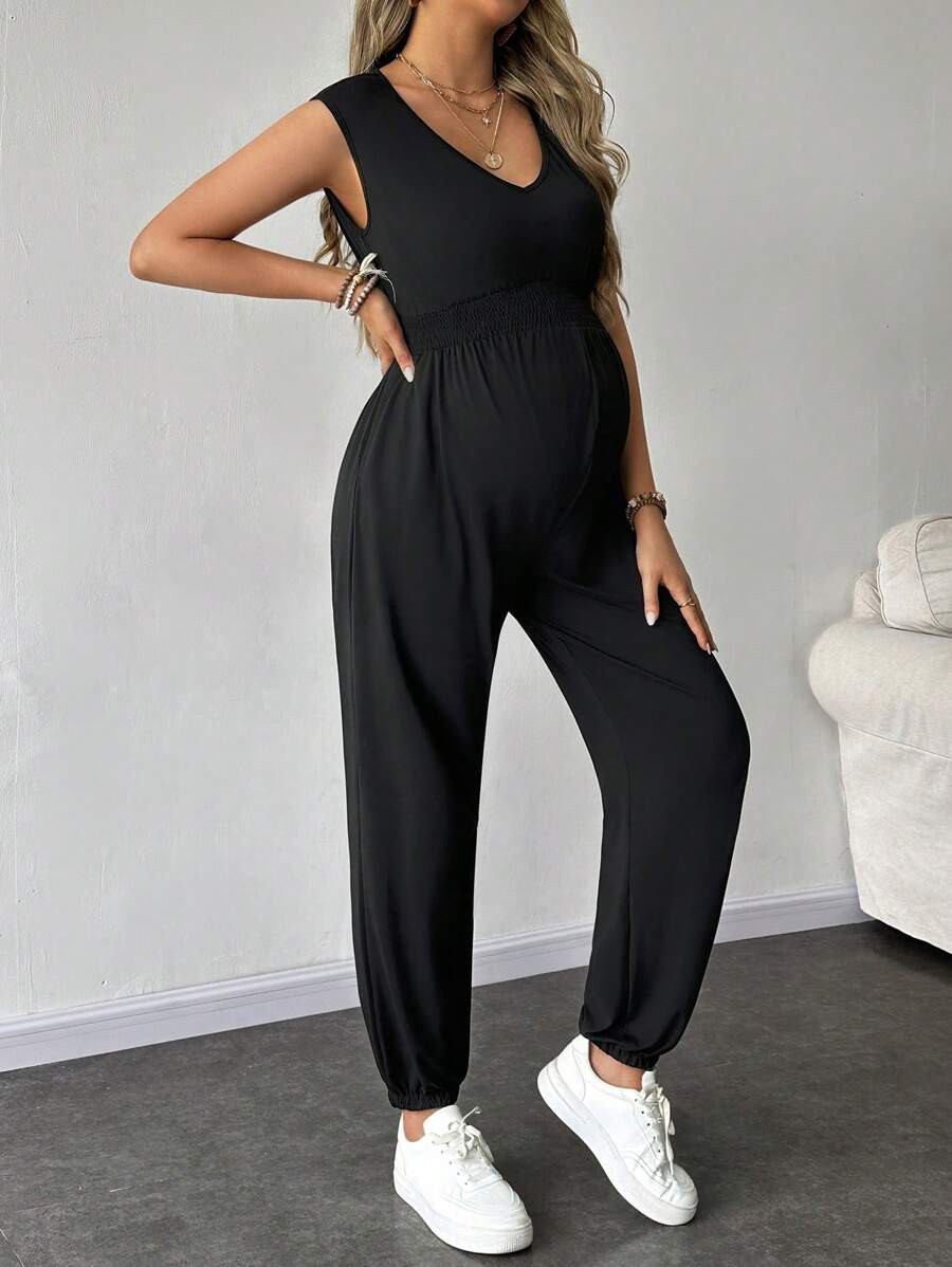 SHEIN Solid Color Sleeveless Casual Jumpsuit For Pregnant Women, Daily Wear, For Maternity | SHEIN