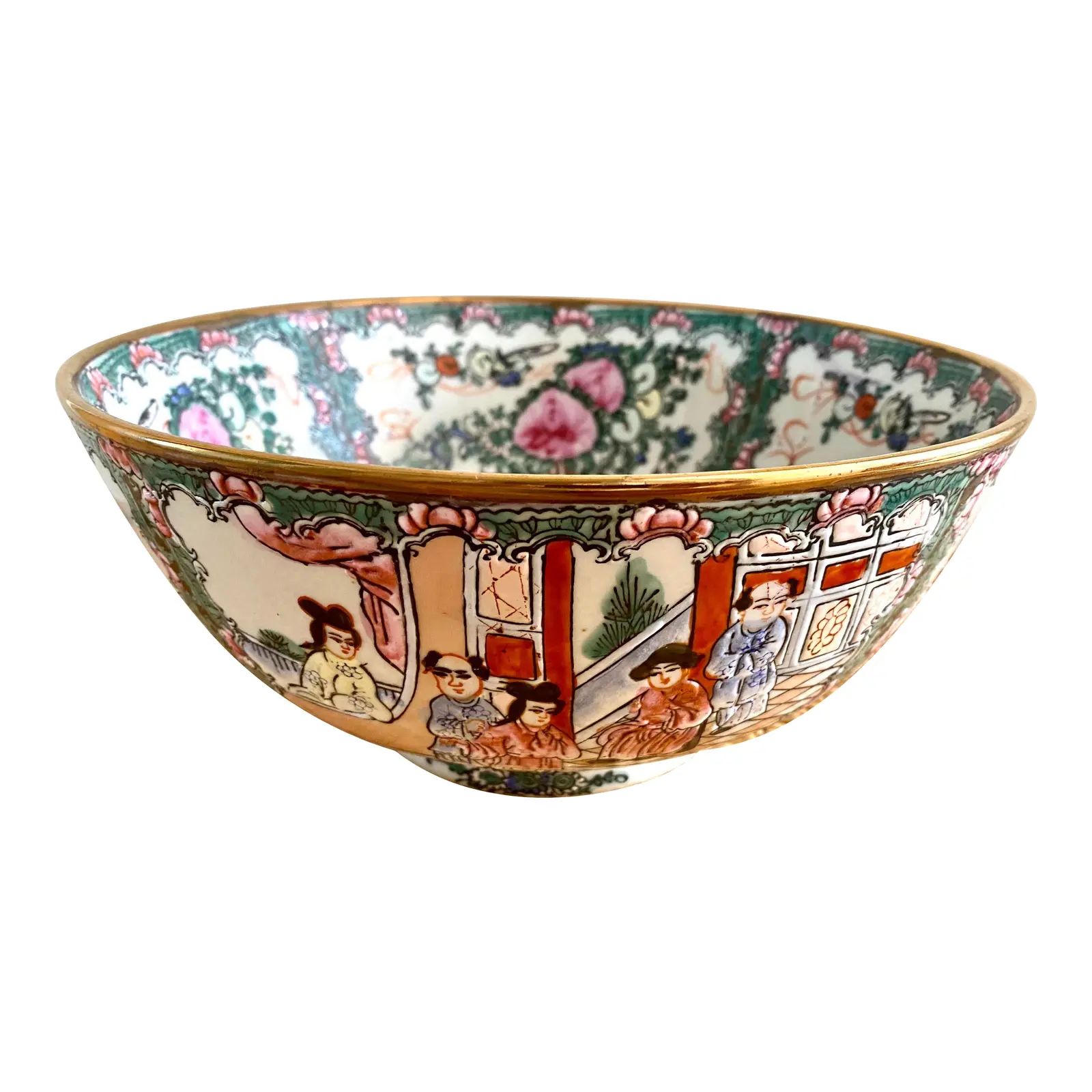 Vintage Mid 20th Century Rose Famille Medallion Porcelain Bowl | Chairish