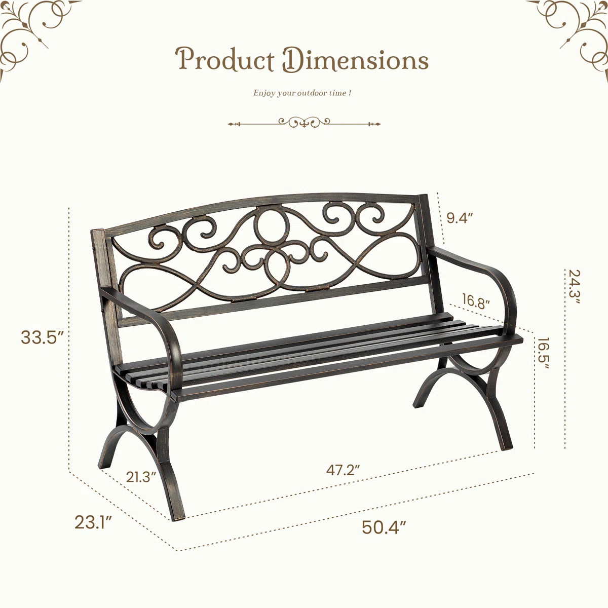 Outdoor Garden Bench, Iron Metal Frame Patio Park Bench with Floral Pattern Backrest, Arch Legs | Wayfair North America