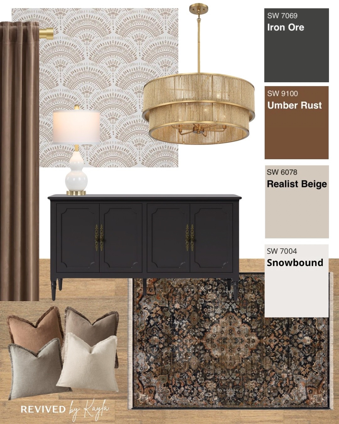 Moody black and brown living room design with paint color palette from Sherwin Williams. I love this black cabinet with the brown and black rug! So beautiful 🤎

#livingroom #livingroomdecor #livingroomdesign #arearug #throwpillows #goldlightfixture #goldchandelier #homedecor #homedesign #homeideas #homeinspo #home #wallpaper #curtains #lamp #consoletable #sideboard #diningroom 

#LTKHome #LTKFindsUnder100 #LTKFindsUnder50