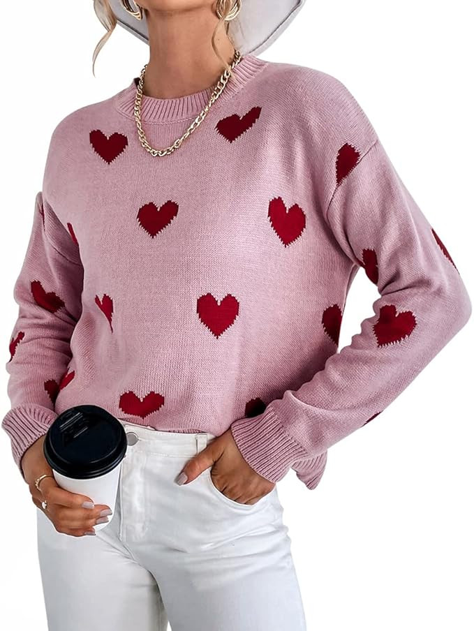 Tangduner Sweet Heart Sweater for Women Crew Neck Valentines Heart Pattern Knitted Outfit Pullove... | Amazon (US)