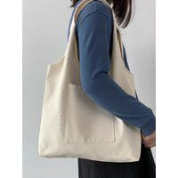 Front Pocket Tote Bag | Beige Shoulder Outer Back To School Basic Plain Simple For Women Computer Co | Etsy (US)