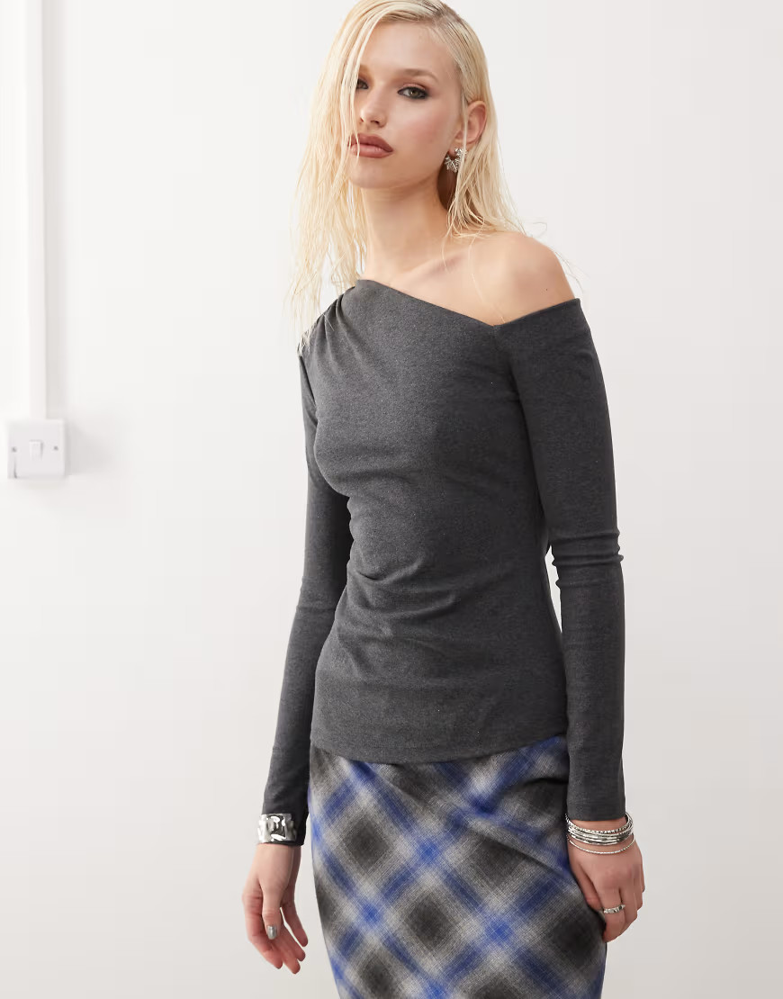 Urban Revivo slinky off-shoulder top in heather grey | ASOS (Global)