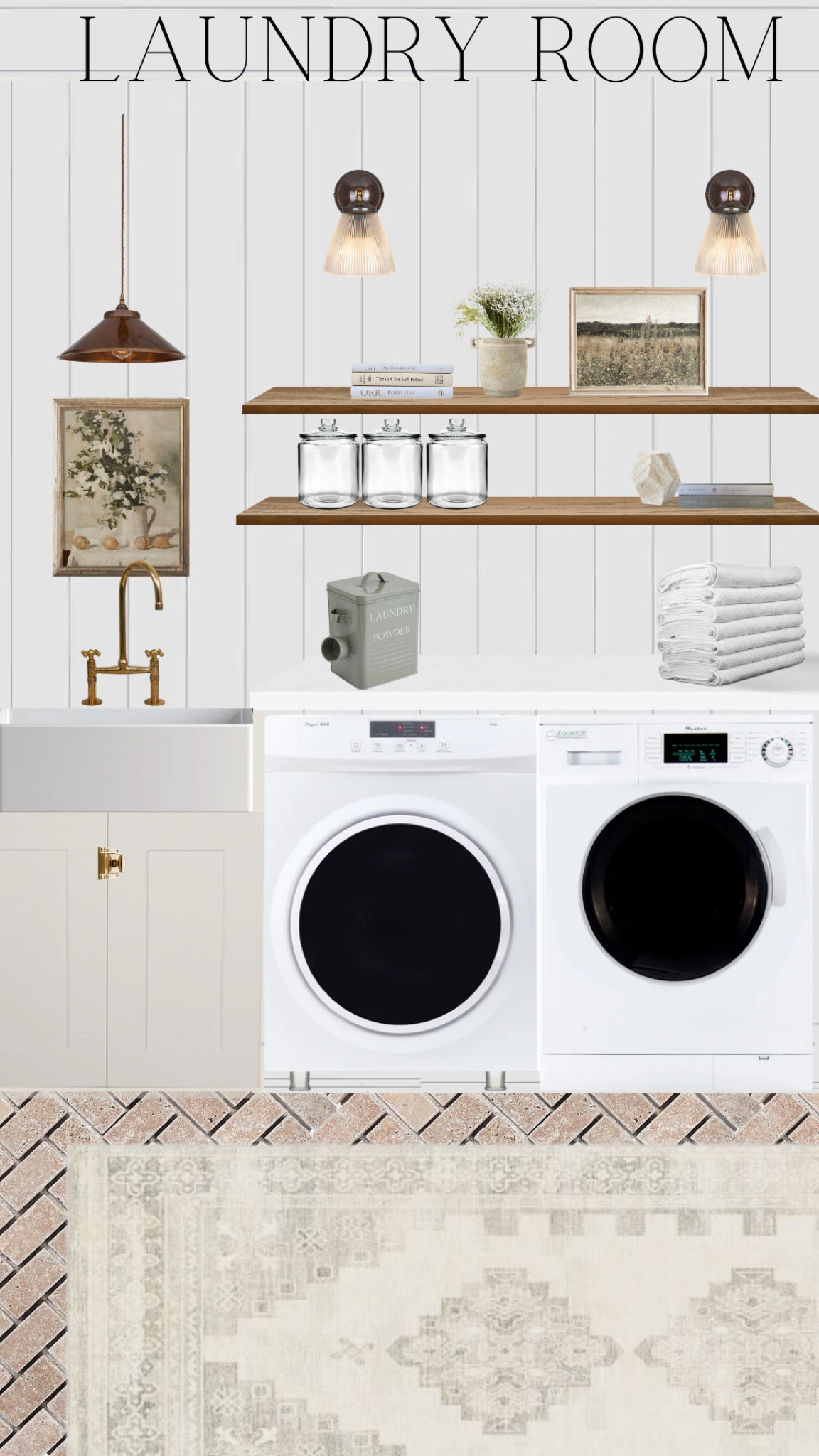 Laundry room mood board with shiplap walls, shelving, cabinets with unlacquered brass latch, herringbone floors

#LTKstyletip #LTKhome #LTKSeasonal