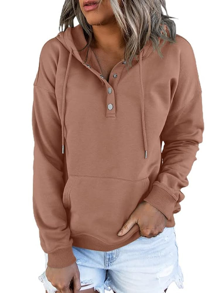 Dokotoo Womens 2025 Hoodies Button Collar Drawstring Hooded Pullover Sweatshirt Casual Long Sleev... | Amazon (US)