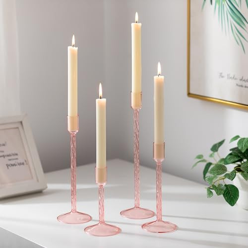 Glasseam Glass Candlestick Holders Pink: Taper Candle Holders Set of 4 Tall Candle Holders for Candlesticks Decorative Tapered Candle Holders for Table Centerpiece Wedding Christmas Home Decor | Amazon (US)