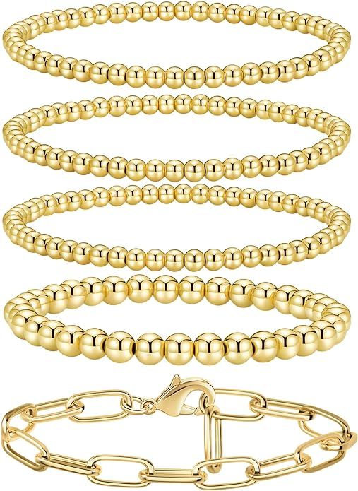 Shownee Gold Bracelet for Women 14K Gold Plated Beaded Bracelets Gold Stretch Bead Ball Bracelet ... | Amazon (US)