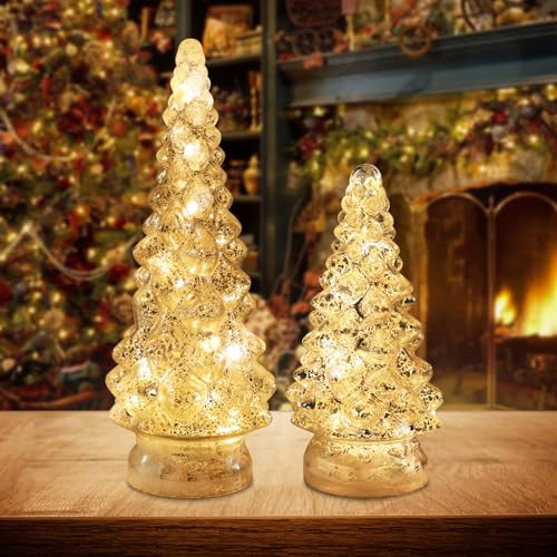 PHITRIC Christmas Decorations Indoor, 2 PCS Sparkling Glass Christmas Tree Table Decorations with LED Lights, Lighted Xmas Tree Decorations with Timer for Home Mantel Shelf Table Decor | Amazon (US)