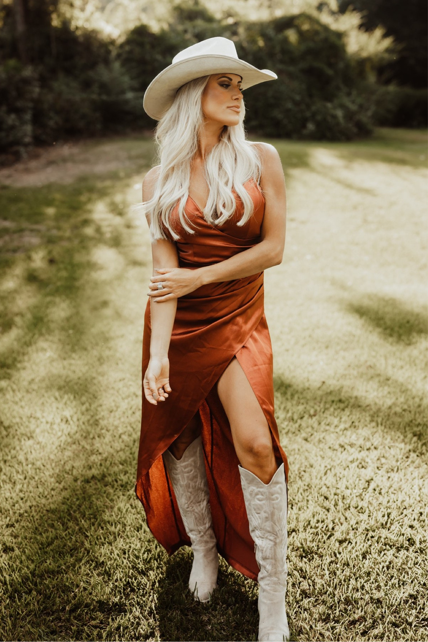 Western Wedding Guest. Dress size small. Boots 8. 

Western Wedding | Western Fashion | Western Style | Western Wedding Guest | Wedding Guest | Western Photoshoot | Cowgirl | Cowgirl Hat | Rust Satin Dress | Satin Dress | Amazon | Revolve | LuLus | Bridesmaid 

#LTKstyletip #LTKwedding #LTKbeauty