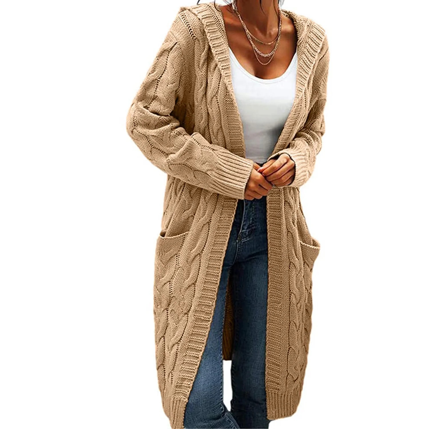 rrhss Women Hooded Open Front Cardigan Cable Knit Sweaters Solid Chunky Long Sweater Coats with P... | Walmart (US)
