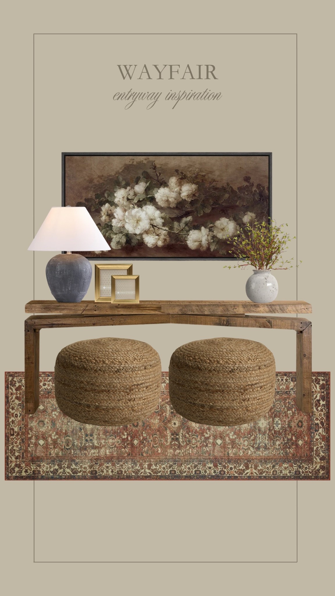 Wayfair entryway inspiration 🤎 Love this moody wall art, these cozy ottomans, and this console styling for spring! 

#LTKHome #LTKSeasonal