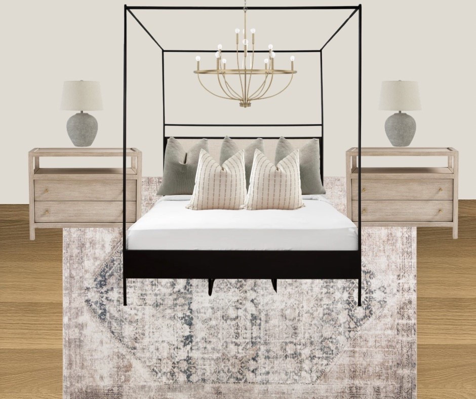 Black metal canopy bed, natural wood nightstands, neutral rug, gold curved chandelier, Bedroom Inspo, Neutral Bedroom Inspiration, McGee & Co, Crate and Barrel nightstands

#LTKCyberWeek #LTKHome