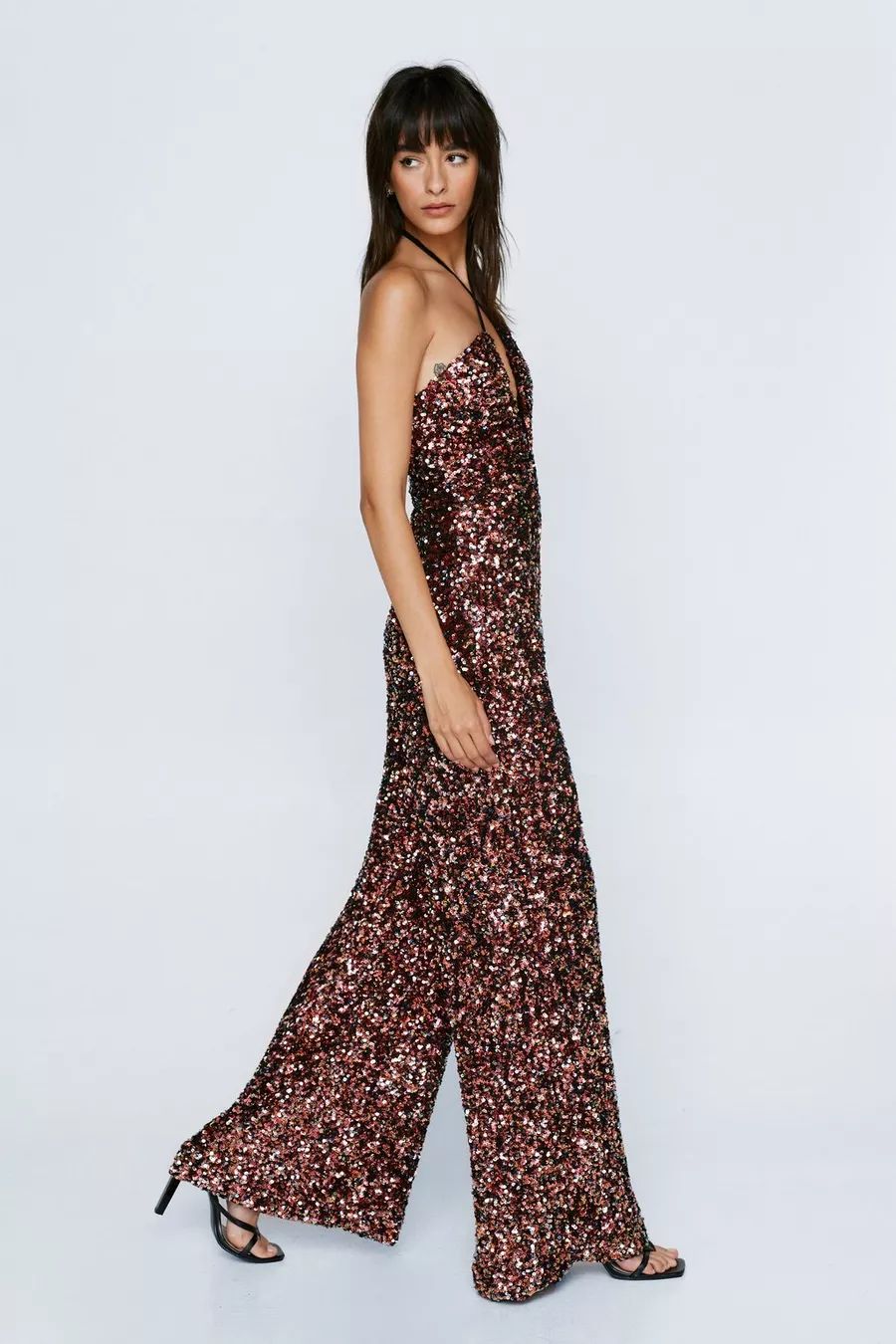 Clustered Bronze Sequin Halter Neck Jumpsuit | Nasty Gal (US)