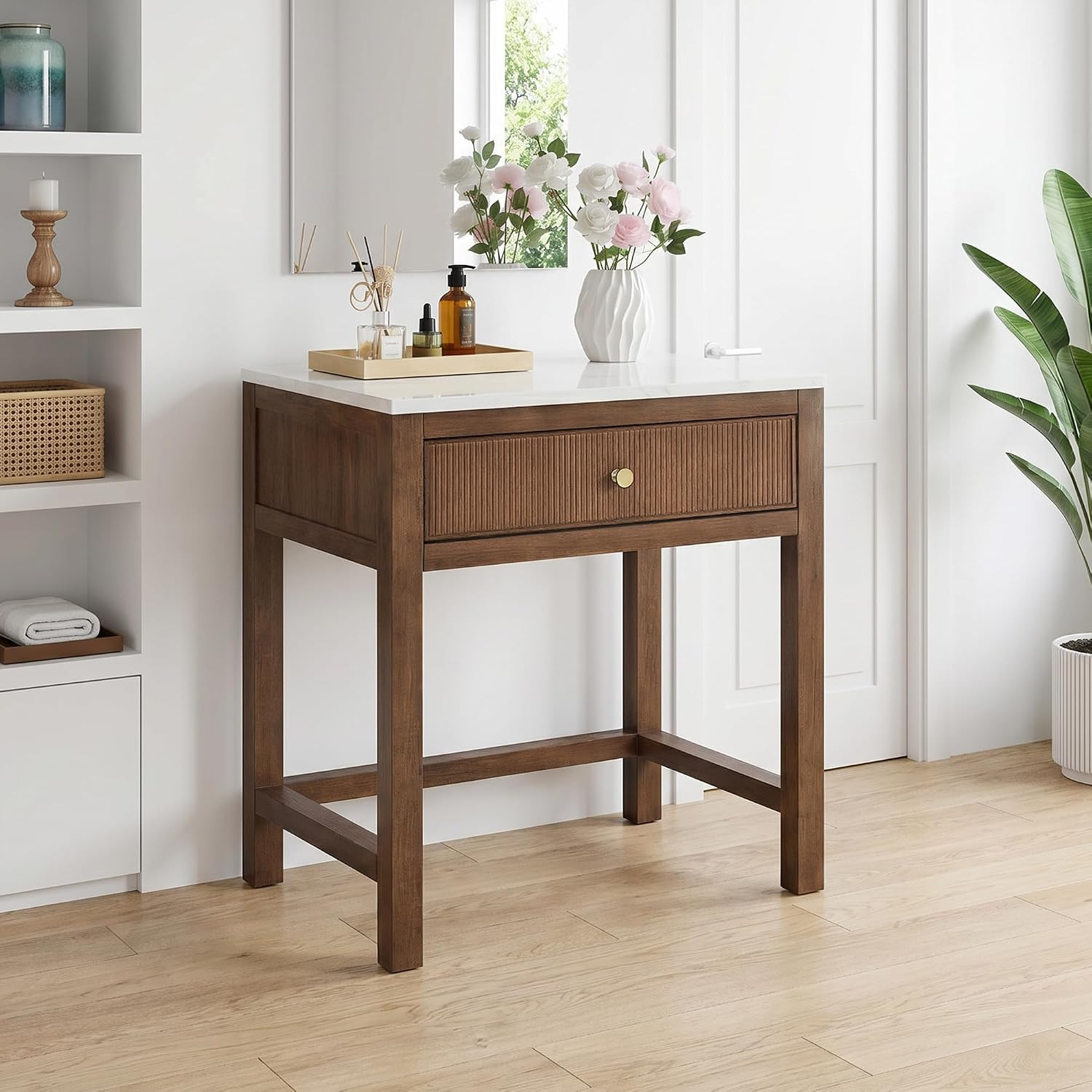 30" W Solid Wood Makeup Vanity Desk with Marble Countertop and Drawer | Amazon (US)