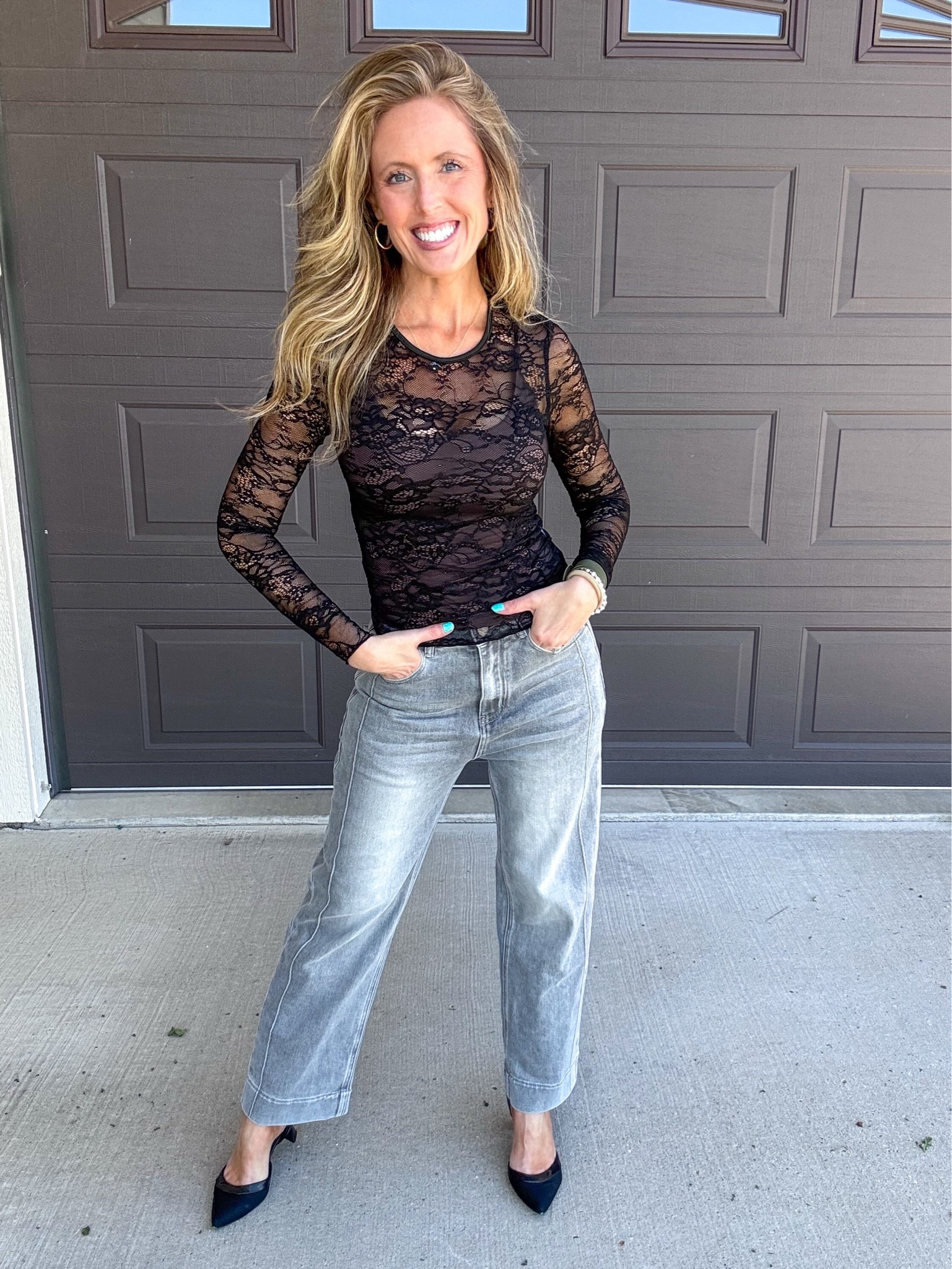 Date night look ✔️ This lace top is so good and loving it paired here with this grey straight leg cropped denim! Wearing an xsmall in the top and a 4 in the denim.

As an Amazon Influencer I earn commission on qualifying purchases.

Date night outfit inspo, lace tee, black tops, grey denim, what to wear on a date, mom style, spring fashion 2026, summer outfit idea

#LTKootd #LTKOver40 #LTKMidsize