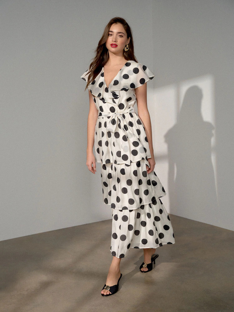 Ecru/Black Polka Dot Occasion Ruffle V-Neck Midi Dress | Next EU