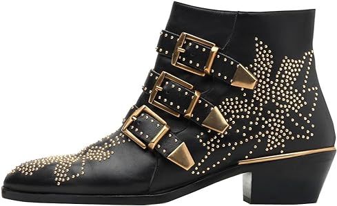 Women's Rivets Studded Shoes Metal Buckle Low Heels Ankle Boots | Amazon (US)