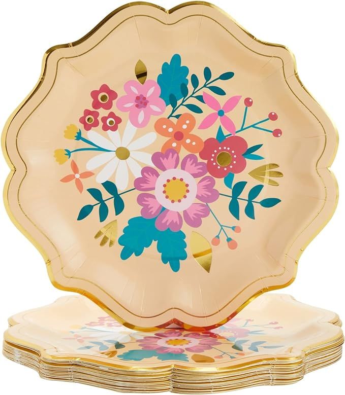 24 Pack Vintage Floral Paper Plates with Scalloped Edges for Spring Tea, Mexican Fiesta Party, We... | Amazon (US)