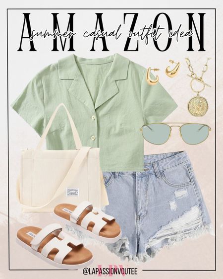 Stay effortlessly chic this summer with our Amazon finds: a cropped button-down, denim shorts, accessorized with huggie earrings, a necklace, shades, and a corduroy tote, paired with comfy sandals.

#LTKstyletip #LTKSeasonal #LTKfindsunder100