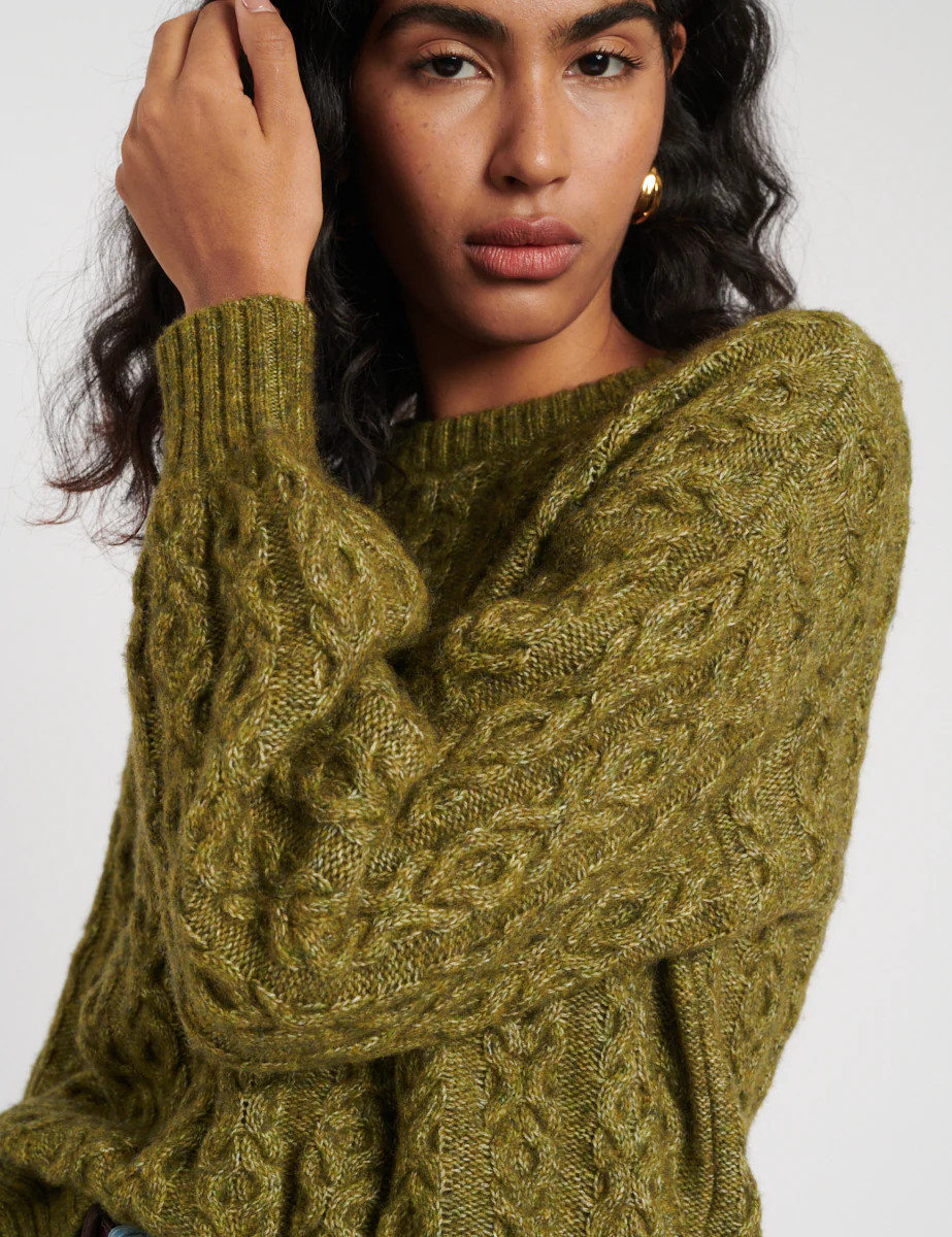 Green Crew Neck Cable Knit Wool Jumper | Nobody's Child