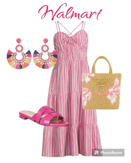 Walmart affordable summer dress in pink. Shoes and earrings are Time and Tru as well. Peace cute summer bag. 

#summeroutfit
#dress
#pradabag

#LTKshoecrush #LTKstyletip #LTKitbag