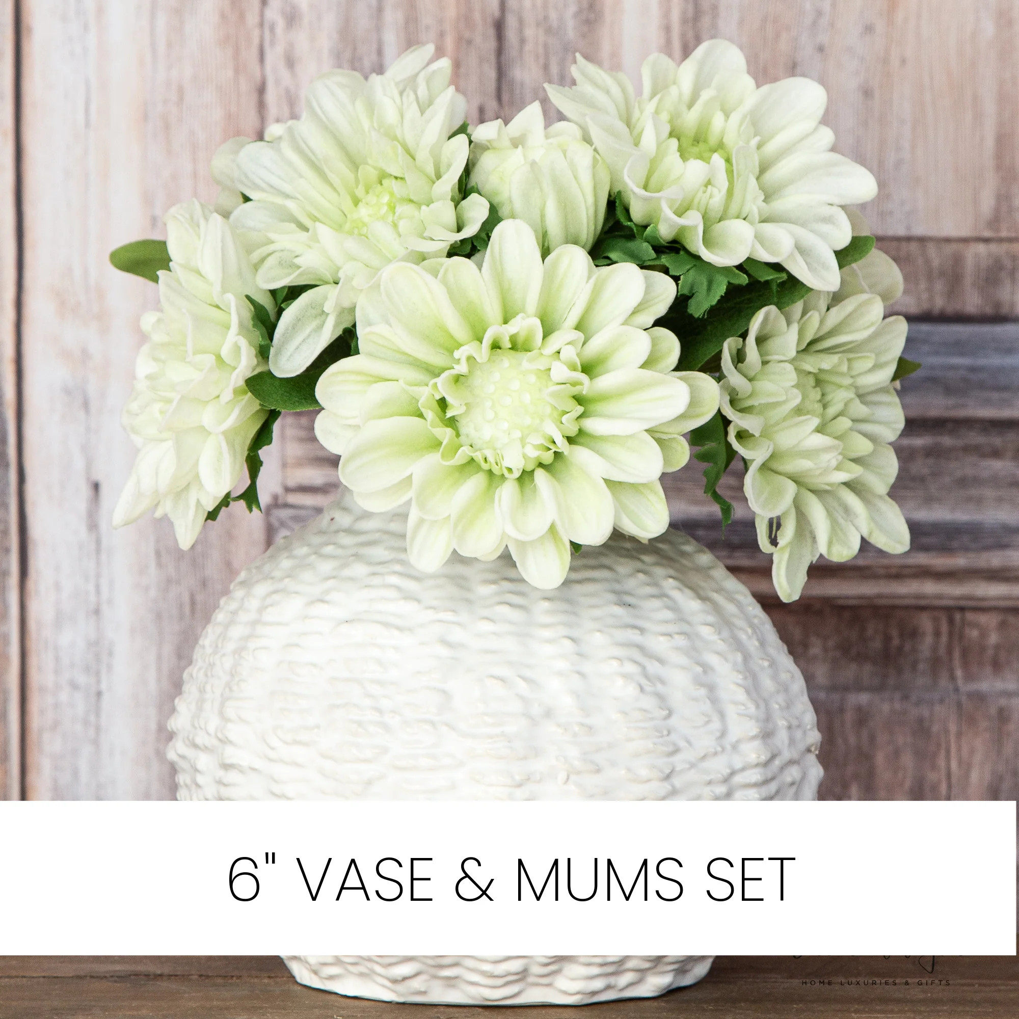 Curated Set: 6" Woven Ceramic Vase + Two White Mum Bundles | Interior Delights