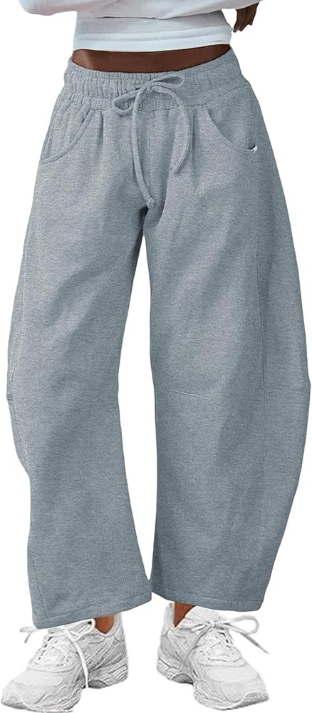 Hongsui Women's Barrel Leg Pants Elasticated Waistband Soft Wide Leg Pants with Pockets Casual Sw... | Amazon (US)