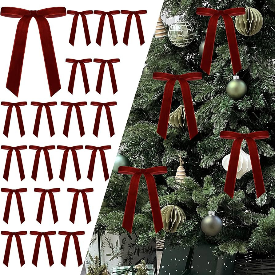 Senjie 24Pcs Christmas Velvet Bows for Tree, Vintage Ribbon Bows Ornaments for Garland Wreath Gif... | Amazon (US)