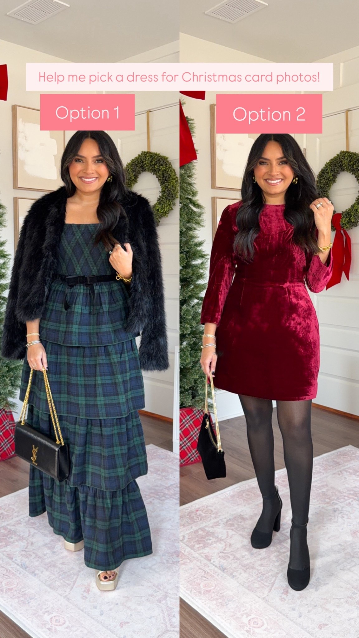 Help me pick which dress to wear for Christmas card photos!

Green tartan plaid tiered maxi dress sized xs regular TTS - use code ANTHRO30 for 30% off through 11/23
Gold heels size - old, similar linked

Red dress size 0 TTS - use code VIPACCESS for 25% off - codes ends 11/23! this code may only be eligible for specific emails!
Black tights size small TTS
Black platform heels size 5 TTS

Black faux fur jacket size xxs regular TTS

#LTKPetite #LTKCyberWeek #LTKHoliday