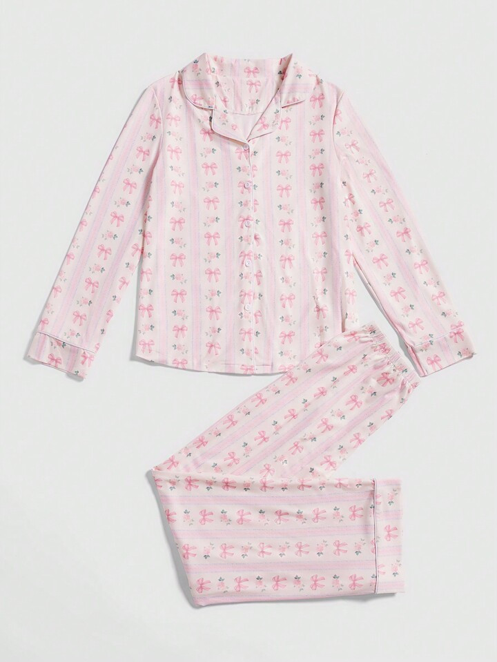 ROMWE Kawaii Allover Print Button Front PJ Set | SHEIN