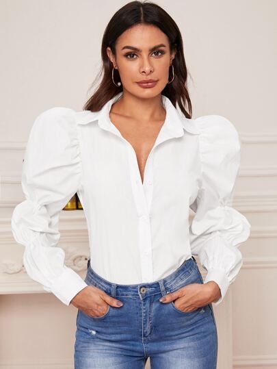 Gathered Sleeve Button Front Blouse | SHEIN