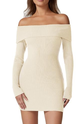 QINSEN Bodycon Knit Sweater Dress for Women Off The Shoulder Long Sleeve Mini Dress Beige L | Amazon (US)