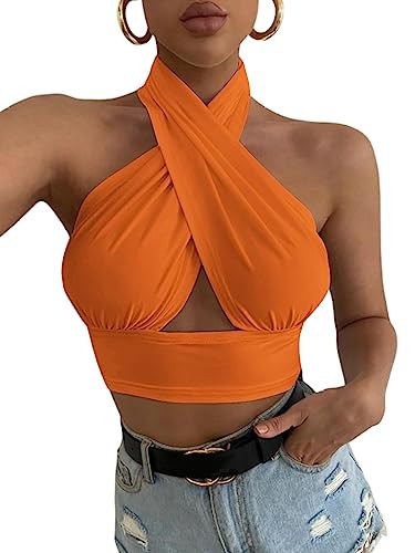 Rooscier Women's Sexy Crisscross Halter Cutout Sleeveless Backless Cami Crop Top Orange X-Large | Amazon (US)