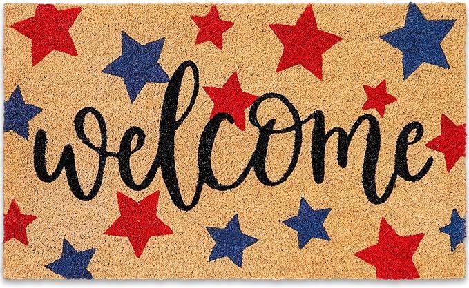 Whaline Patriotic Natural Coir Door Mat 4th of July Red Blue Star Welcome Mat Non-Slip Independen... | Amazon (US)