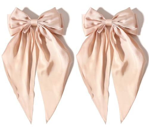 Furling Pompoms Hair Bows for Women - Pack of 2 Apricot Hair Bow Clips for Girls Satin Big Bows Long Tail Alligator Clip Ribbon Hair Barrette Hair Accessories for Bridal Bachelorette Party | Amazon (US)
