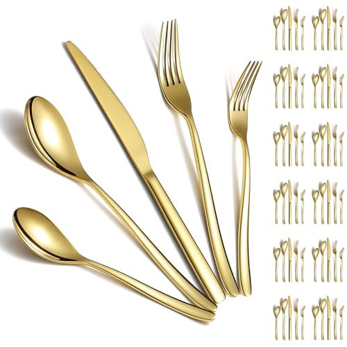 Berglander Gold Silverware Set 60pcs Service for 12, Golden Titanium Plating Stainless Steel Flatware Set, Gold Spoons Forks Knives Set for Home, Wedding, Restaurant, Hotel, Dishwasher Safe | Amazon (US)