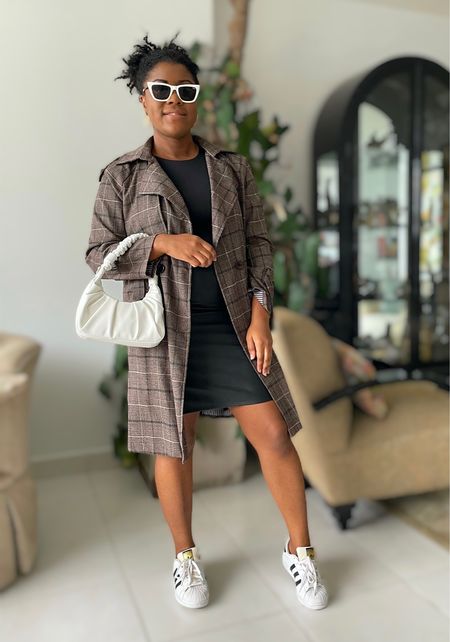 Summer / Fall transition outfit: Brown plaid coat, Black bodysuit, Black leather-look skirt, white adidas sneakers, white riches handle mini bag and white Quay Australia sunglasses 🕶 

#LTKSeasonal #LTKitbag #LTKstyletip