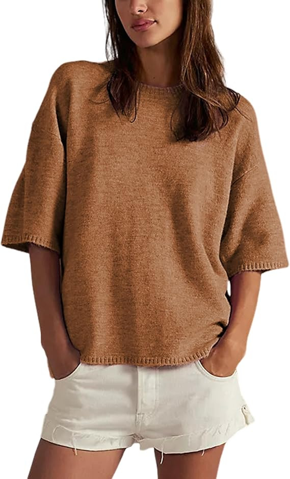 Yeokou Women Sweater Tee Casual Crewneck Short Sleeve Pullover Top Ribbed Knit Loose Shirt | Amazon (US)