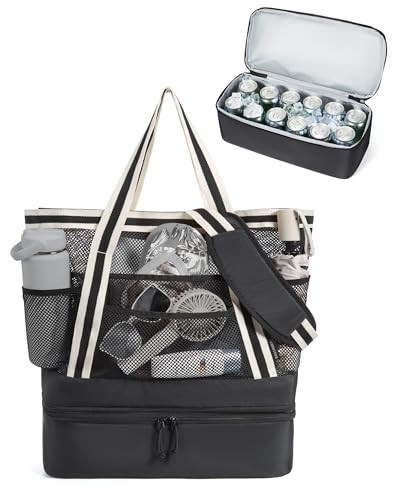 BAGSMART Beach Bag for Women, Mesh Tote Bags with Zipper, Sandproof Vacation Essentials with Cooler for Swim Cruise Pool (Black) | Amazon (US)