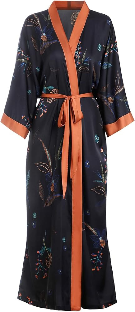 Aensso long silky kimono robes for women, lightweight & soft floral bridal robe | Amazon (US)