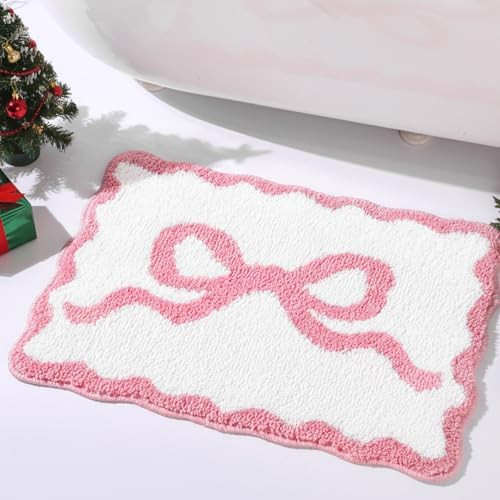 Tinideya Pink Bow Bathroom Rug 16" x 24" Scalloped Bow Bath Mat Non Slip Coquette Rug Cute Aesthe... | Amazon (US)