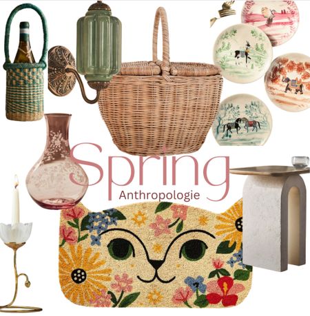 Spring Anthropologie finds 
Modern vintage decor 
Cat door mat
Picnic basket 
Wine basket caddy
Vintage inspired plates
Vintage sconce 
Vintage vase 

#LTKhome