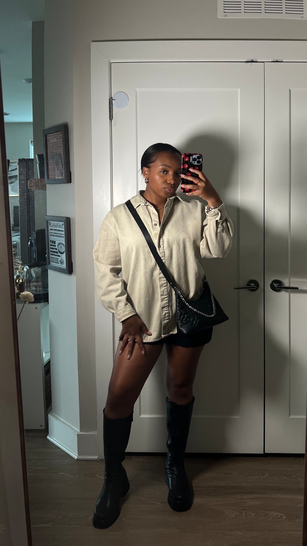 Transitional fit for the 70degree fall days 🖤
Shorts: SPANX ponte (old)

Black chunky leather platform knee high boots, denim oversized shirt, black pointe shorts, tailored dress shorts 

#LTKStyleTip 

#LTKootd