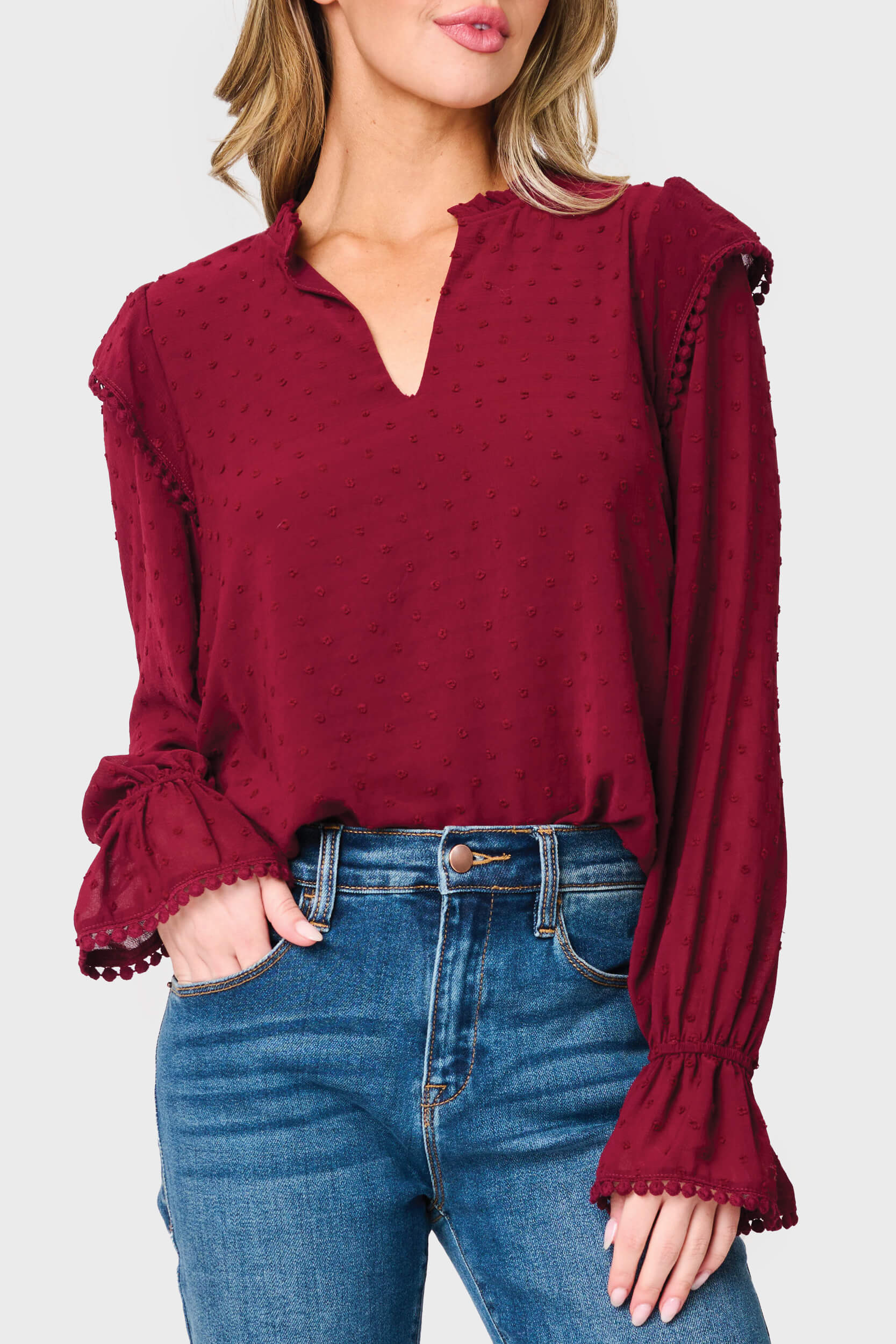 Holly Ruffled Cuff Blouse | Sheer Sleeve Dot Top | Gibson