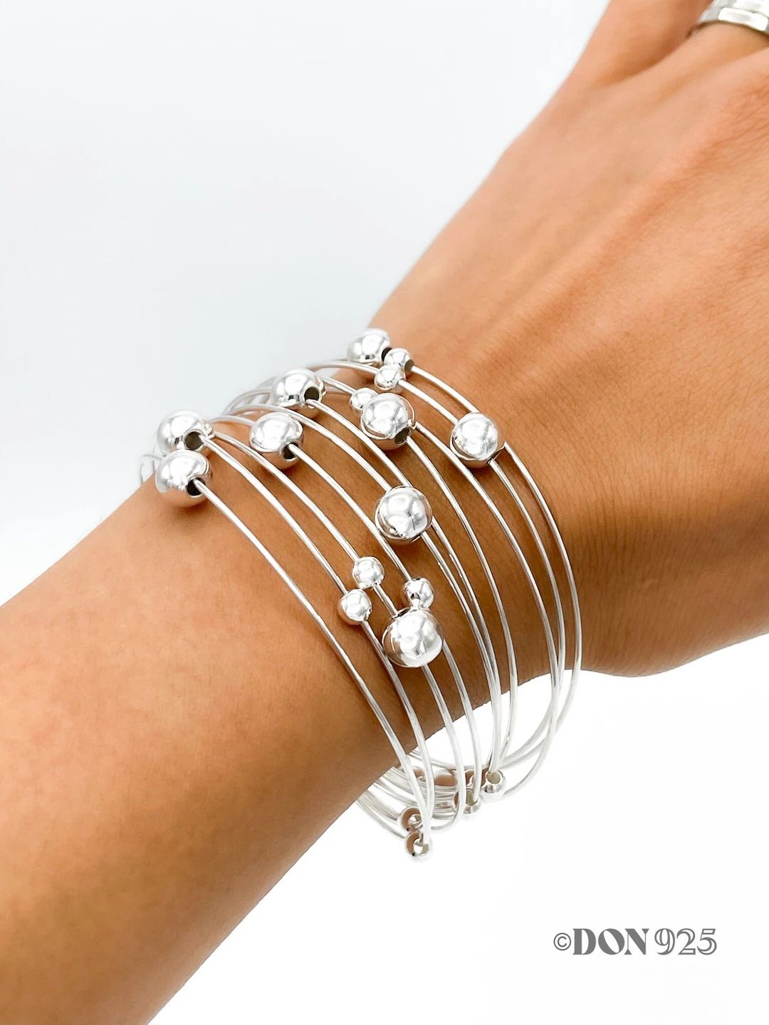 Sterling Silver Stacking Cuff Bracelet, Beaded Bracelet, Unusual Bracelet, Geometric Modern State... | Etsy (US)