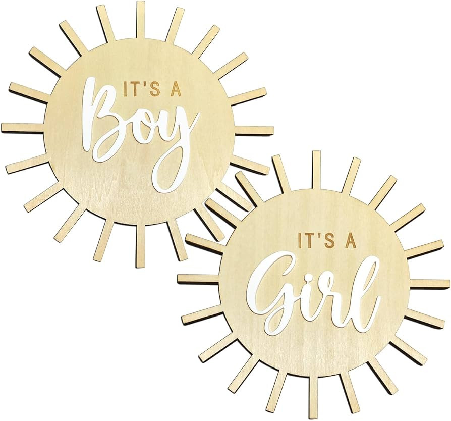 Double Sided Sun Gender Reveal Sign, Boho Sun Baby Boy or Girl Pregnancy Birth Announcement Woode... | Amazon (US)