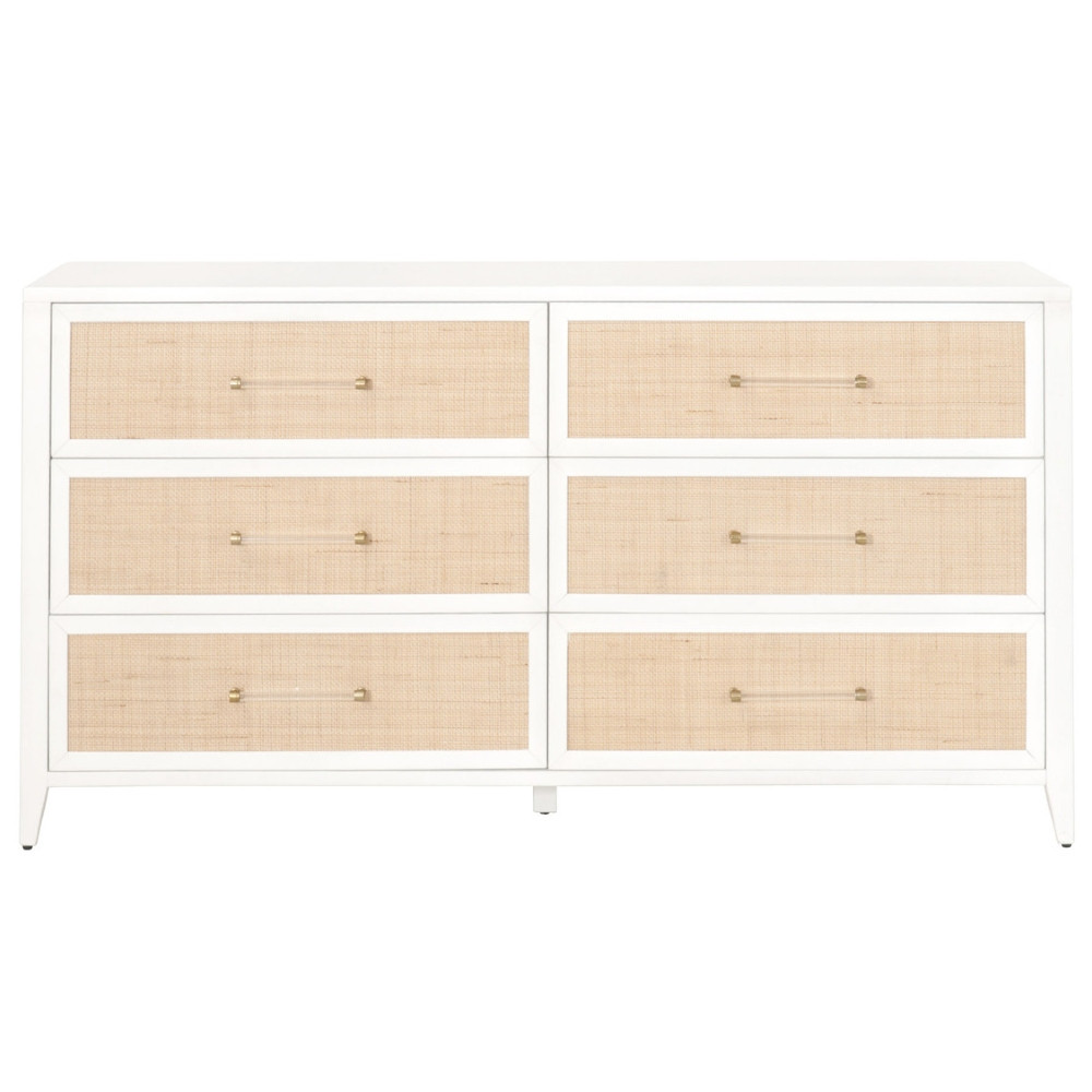 Steven Coastal Beach Natural Rattan White Wood Frame 6 Drawer Dresser | Kathy Kuo Home