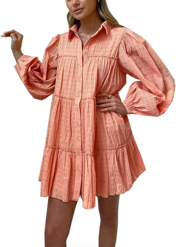 Roiii Women's Casual Long Sleeve Dress Sundress Swing Dress Tunic Dress Button Down Loose Flowy Swing Shift Dresses | Amazon (US)